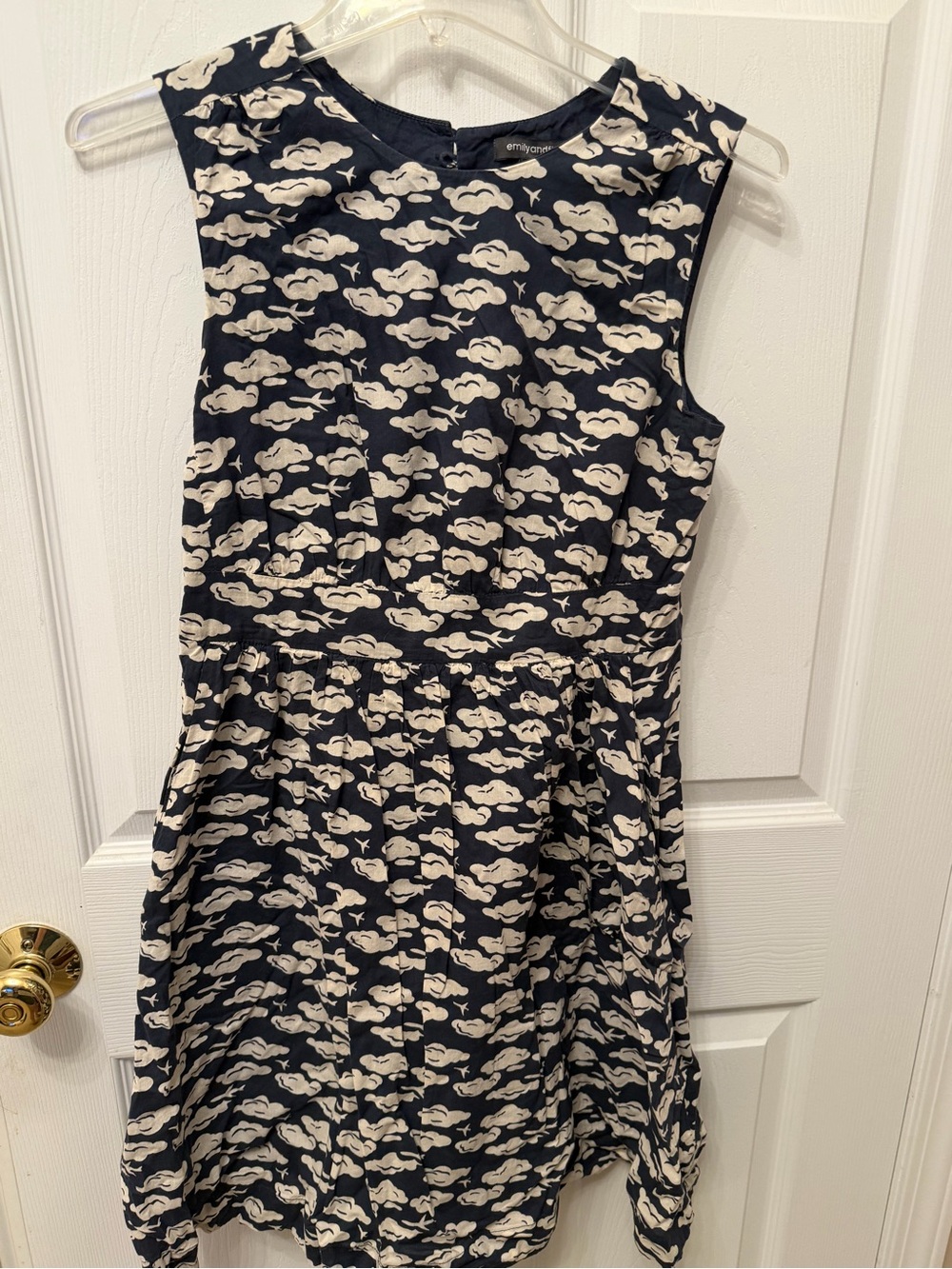 Sleeveless Navy Dress with Cream Cloud Print